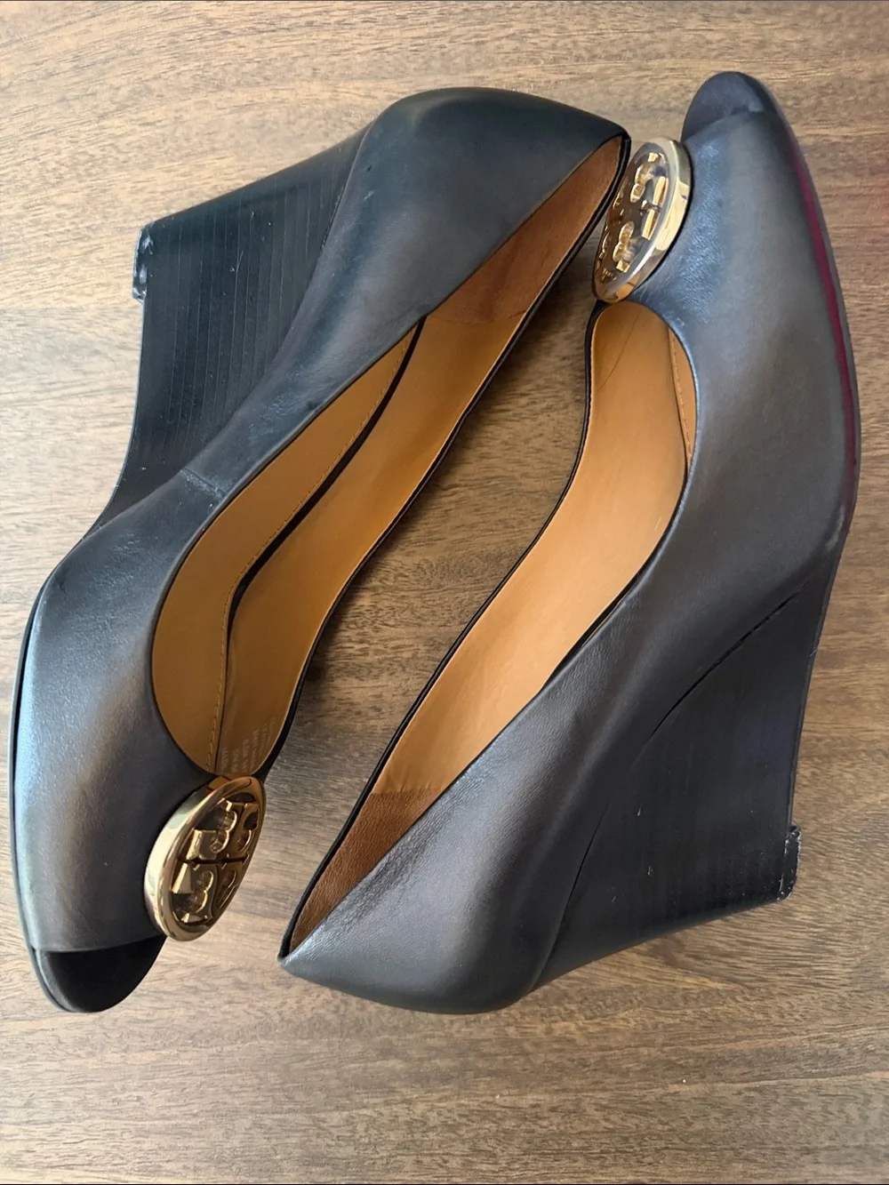 Tory Burch Black Leather Peep-Toe 85MM Wedge Heels with Gold Logo Medallion